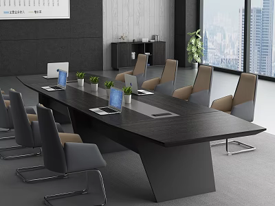 Modern Conference Room Interior Design With Long Table Green Plants And Leather Chairs 3d model