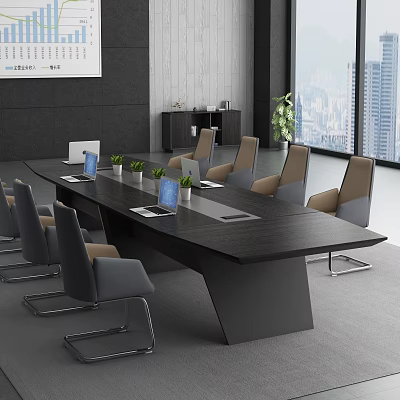 Modern Conference Room Interior Design With Long Table Green Plants And Leather Chairs 3d model