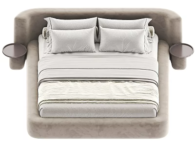 Modern Upholstered Double Bed With Neutral Tones Pillows Round Side Tables 3d model