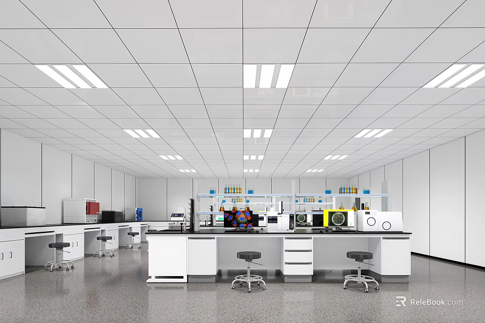 Modern Laboratory Interior Design With White Ceiling Lighting Workstations And Scientific Instruments 3d model 