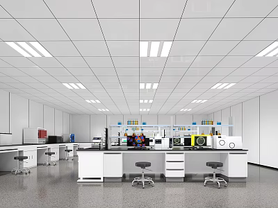 Modern Laboratory Interior Design With White Ceiling Lighting Workstations And Scientific Instruments 3d model