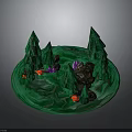 Vibrant Green Circular Landscape With Tall Trees Colorful Stones And Red Purple Accents