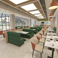 Modern Restaurant Interior With Orange Beige Chairs Marble Tabletops And Green Booth Seats
