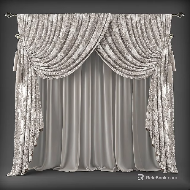 Gray Ornate Pleated Curtains With Double Layered Soft Fabric Design 3d model 