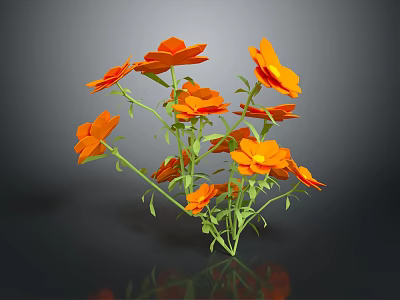 Vibrant Orange Flowers With Green Stems And Leaves Against Black Background And Reflection 3d model