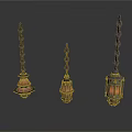 Three Ornate Vintage Pendant Lamps With Hanging Chains And Diverse Shapes