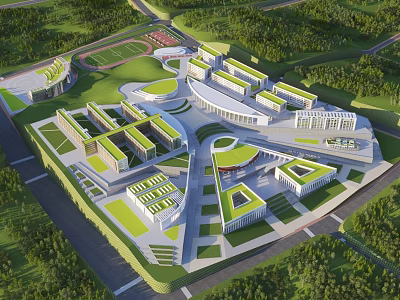 Modern University Campus Design With Academic Buildings Green Spaces And Sports Field 3d model