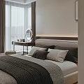 Modern Minimalist Bedroom Interior With Round Pendant Light Gray Rug And Wall Art