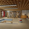 Artistic Library Interior Design With Bookshelves Chairs And Wooden Ceiling