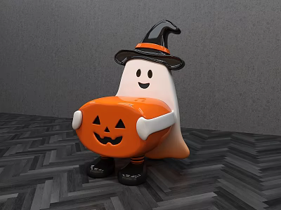 Ghost Shaped Single Chair With Witch Hat And Orange Pumpkin Lantern Design 3d model