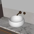 Modern White Round Washbasin With Golden Faucet On Marble Countertop And Textured Wall