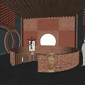 Rustic Red Brick Interior Space With Circular Archways Wooden Ceiling And Round Windows 3d model