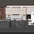 Modern Restaurant Open Kitchen Interior With Island Counter Dining Chairs And Pendant Lights
