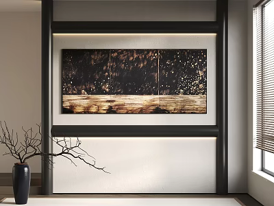 Modern Interior With Triptych Painting Vase And Twigs Near Window Blinds 3d model