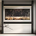 Modern Interior With Triptych Painting Vase And Twigs Near Window Blinds