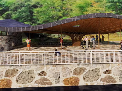 Curved Roof Building With Green Trees And People Gathering Outdoor Stone Wall Railings 3d model