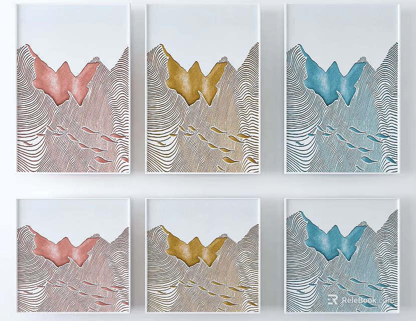 Colorful Butterfly Themed Wall Art With Wavy Striped Background In Pink Gold Blue 3d model 
