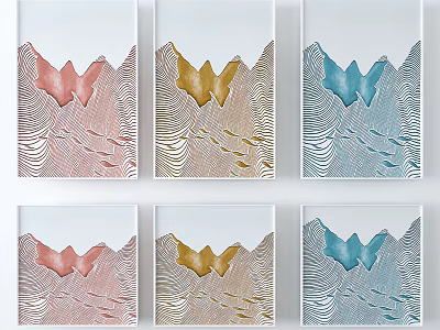 Colorful Butterfly Themed Wall Art With Wavy Striped Background In Pink Gold Blue 3d model