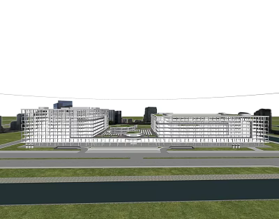 Modern Architectural Complex With Glass Facade Symmetrical Design Green Landscaping And Road 3d model