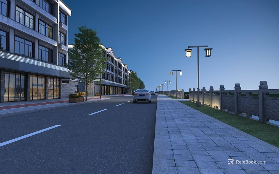 Urban Road Facilities With Street Lamps Paved Sidewalk And Trees Along Buildings 3d model 