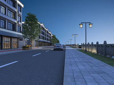 Urban Road Facilities With Street Lamps Paved Sidewalk And Trees Along Buildings 3d model