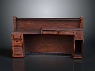 Dark Brown Wooden Desk With Multiple Drawers And Storage Cabinets 3d model