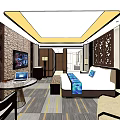 Modern Hotel Room Interior With King Bed Wall Mounted TV And Decorative Panels