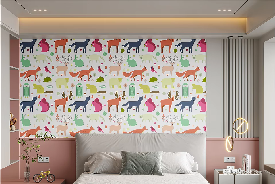 Bedroom Interior With Colorful Animal Pattern Accent Wall Behind Bed 3d model 