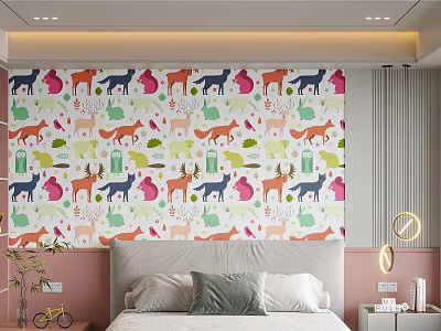 Bedroom Interior With Colorful Animal Pattern Accent Wall Behind Bed 3d model