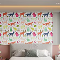 Bedroom Interior With Colorful Animal Pattern Accent Wall Behind Bed