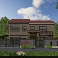 Detached Villa With Red Tile Roof Brown Beige Exterior Windows Balcony Greenery Palm Trees Lawn Blue Sky White Clouds