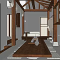 Traditional Chinese Hotel Guest Room With Wooden Beams Tatami And Tea Set Decor