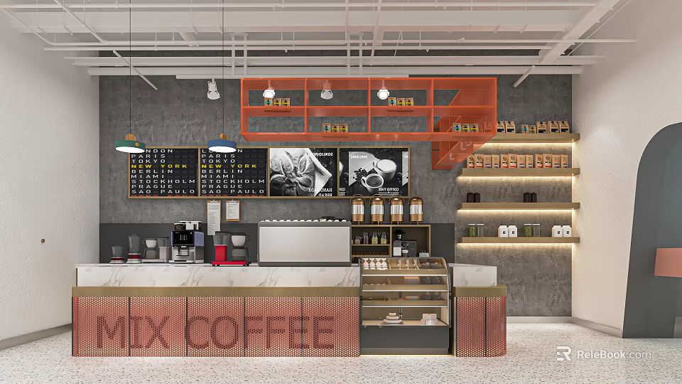 MIX COFFEE Cafe Interior Featuring Modern Counter Coffee Machines Menu Boards Display Case And Shelves 3d model 