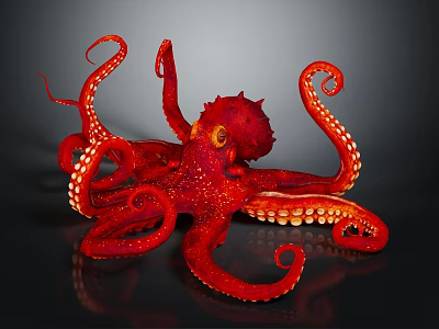 Red Octopus With Curled Tentacles And Spotted Body On Dark Background 3d model