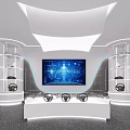 Modern Tech Display Space With White Display Stand Large Screens And Lighting Design 3d model