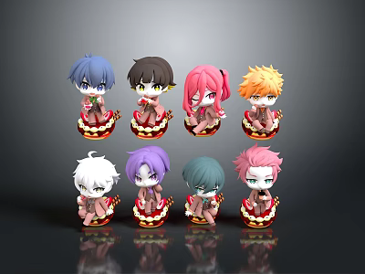 Colorful Cartoon Character Figurines With Various Hair Colors On Red And Yellow Bases 3d model