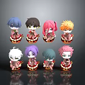 Colorful Cartoon Character Figurines With Various Hair Colors On Red And Yellow Bases