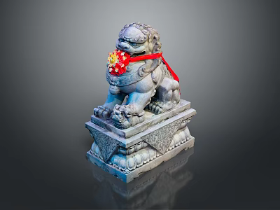 Traditional Chinese Stone Lion Sculpture With Red Ribbon And Decorative Base 3d model