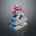 Traditional Chinese Stone Lion Sculpture With Red Ribbon And Decorative Base