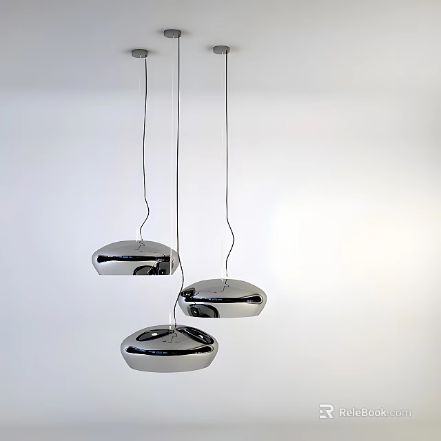 Three Modern Metallic Pendant Lights With Rounded Shades Hanging From Thin Wires Ceiling 3d model