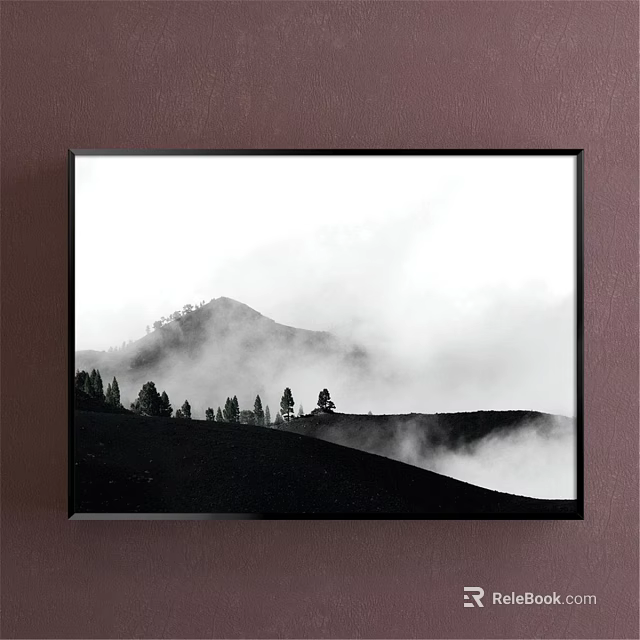 Black and White Framed Landscape Painting With Misty Mountain And Trees On Dark Ground 3d model 