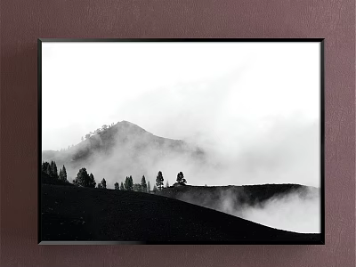 Black and White Framed Landscape Painting With Misty Mountain And Trees On Dark Ground 3d model