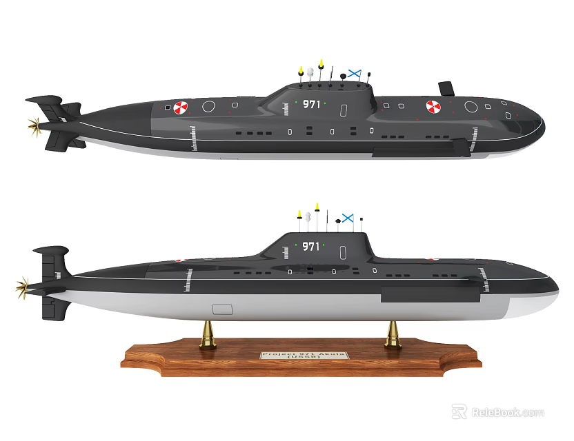 Decorative Submarine Model Ornaments Set With Wooden Base Display Stand And Flags 3d model 