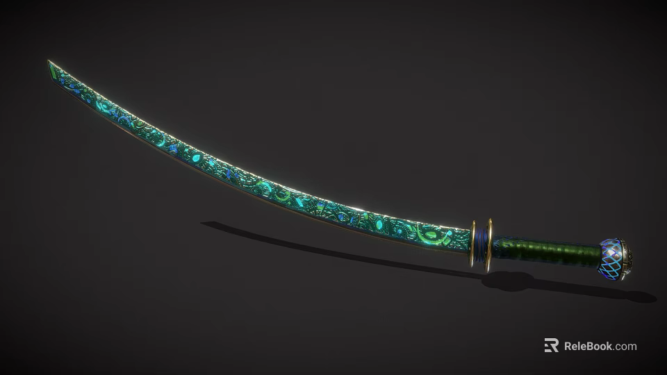 Artistic Traditional Samurai Sword with Green Decorative Engraved Blade and Gold Accented Hilt 3d model 