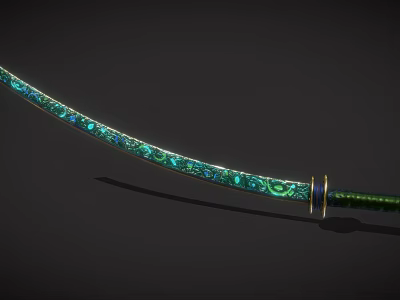 Artistic Traditional Samurai Sword with Green Decorative Engraved Blade and Gold Accented Hilt 3d model