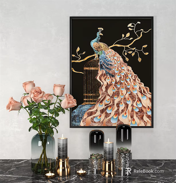 Elegant Peacock Animal Painting With Vibrant Feathers Golden Cage Branches And Pink Roses 3d model 