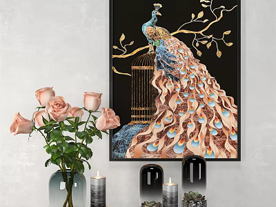 Elegant Peacock Animal Painting With Vibrant Feathers Golden Cage Branches And Pink Roses 3d model