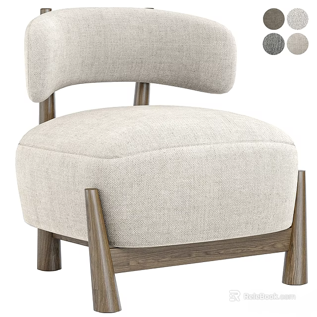 Beige Linen Lounge Chair With Curved Backrest Wooden Legs And Grey Beige Color Options 3d model 