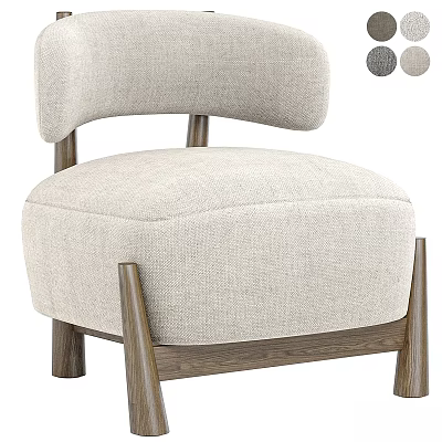 Beige Linen Lounge Chair With Curved Backrest Wooden Legs And Grey Beige Color Options 3d model