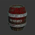 Red Wooden Barrel With Silver Metal Hoops And DO NOT OPEN Sign On Dark Background